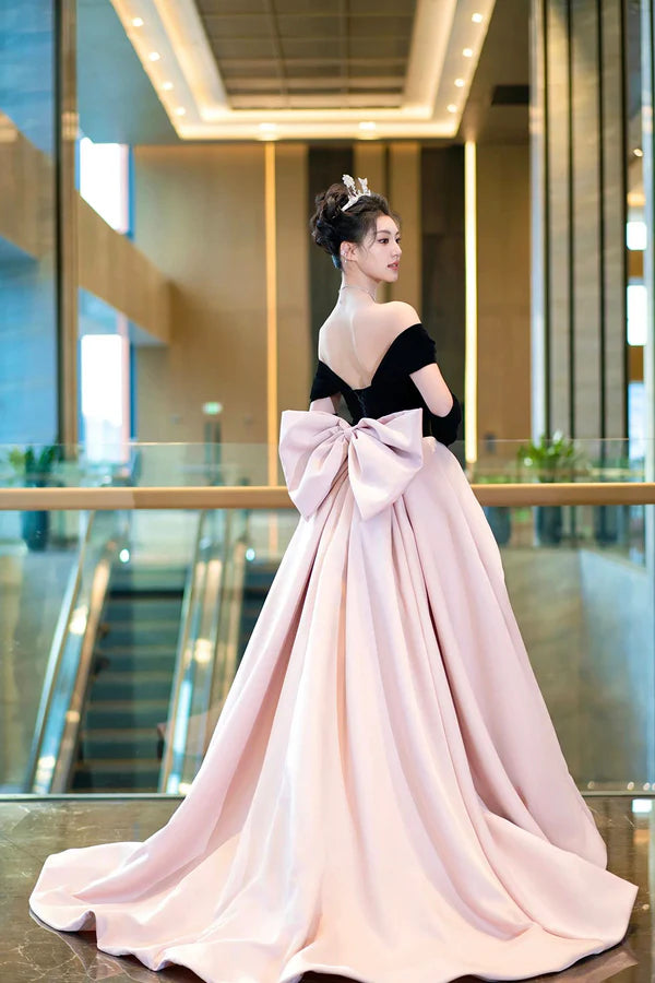 Black Velvet and Pink Satin Long Prom Dress Off the Shoulder Evening Party Dress