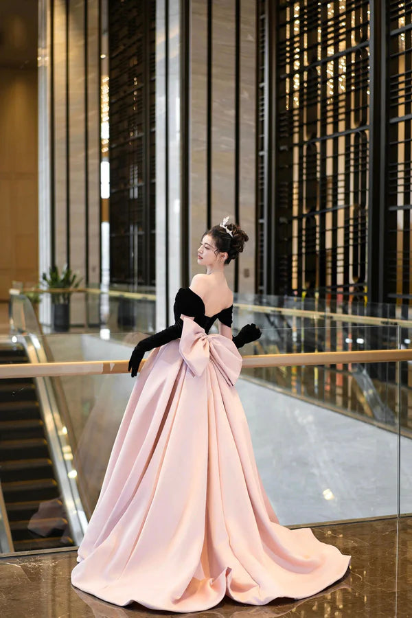 Black Velvet and Pink Satin Long Prom Dress Off the Shoulder Evening Party Dress