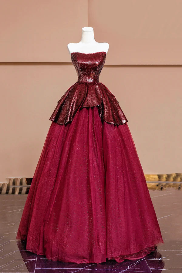 Burgundy Tulle Sequins Long Prom Dress A-Line Strapless Evening Party Dress
