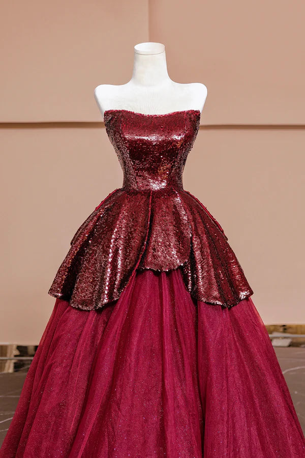 Burgundy Tulle Sequins Long Prom Dress A-Line Strapless Evening Party Dress