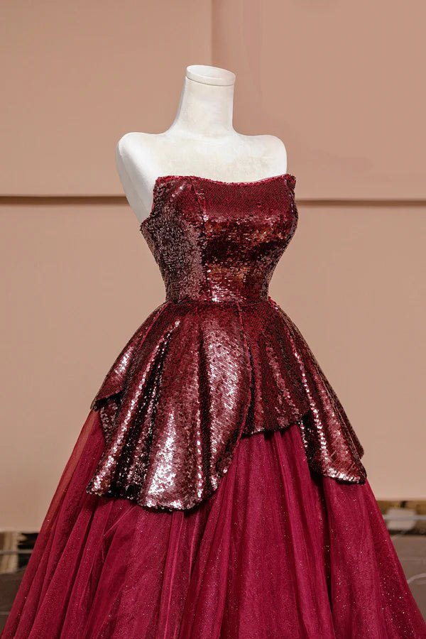 Burgundy Tulle Sequins Long Prom Dress A-Line Strapless Evening Party Dress