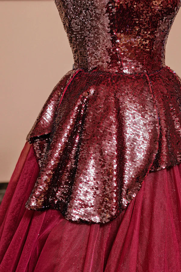 Burgundy Tulle Sequins Long Prom Dress A-Line Strapless Evening Party Dress