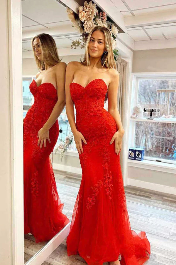 Mermaid Strapless Lace Long Prom Dress Red Evening Party Dress