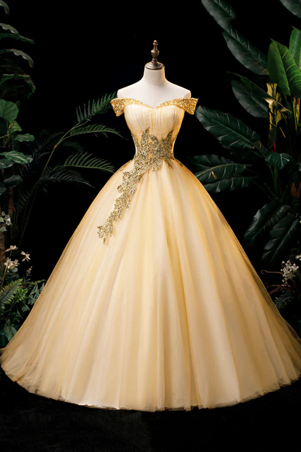 Gold Floor Length Tulle Beading Formal Dress Lovely Off the Shoulder Evening Party Dress
