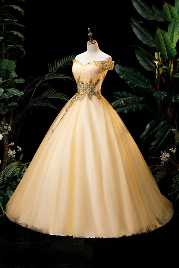 Gold Floor Length Tulle Beading Formal Dress Lovely Off the Shoulder Evening Party Dress
