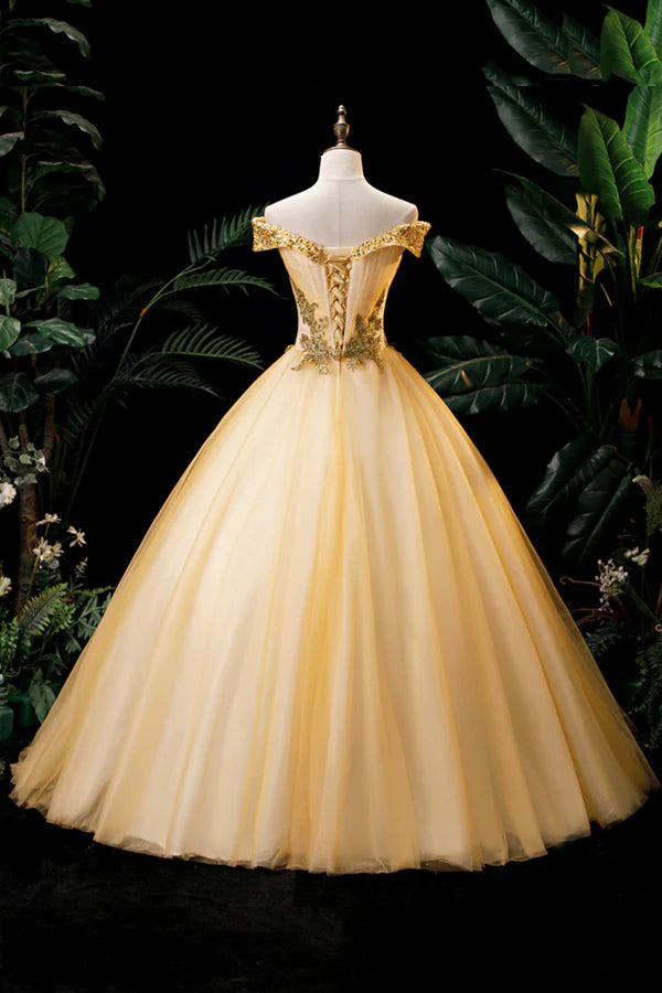 Gold Floor Length Tulle Beading Formal Dress Lovely Off the Shoulder Evening Party Dress
