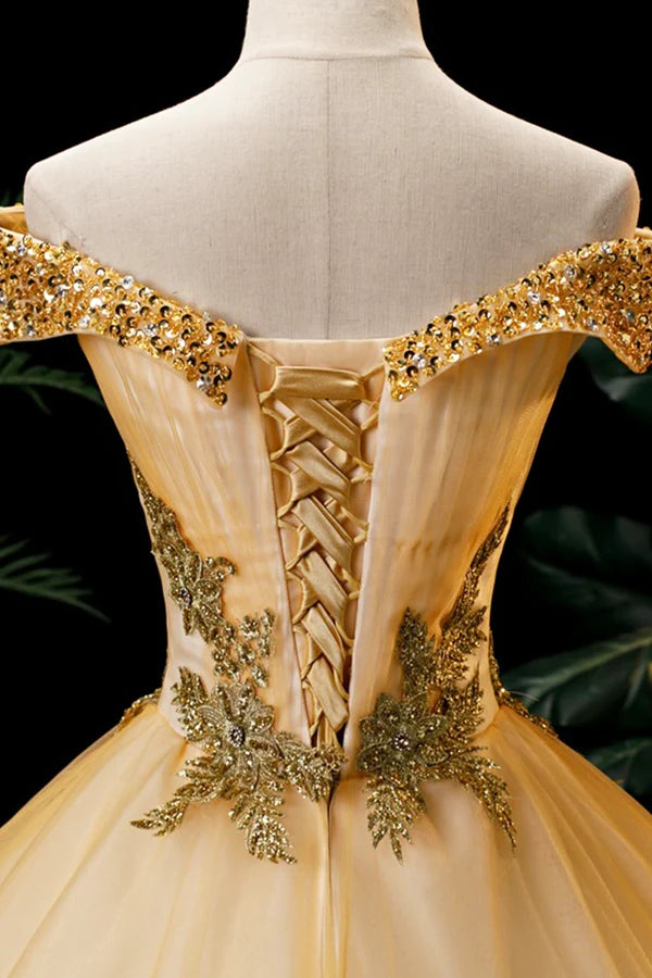 Gold Floor Length Tulle Beading Formal Dress Lovely Off the Shoulder Evening Party Dress