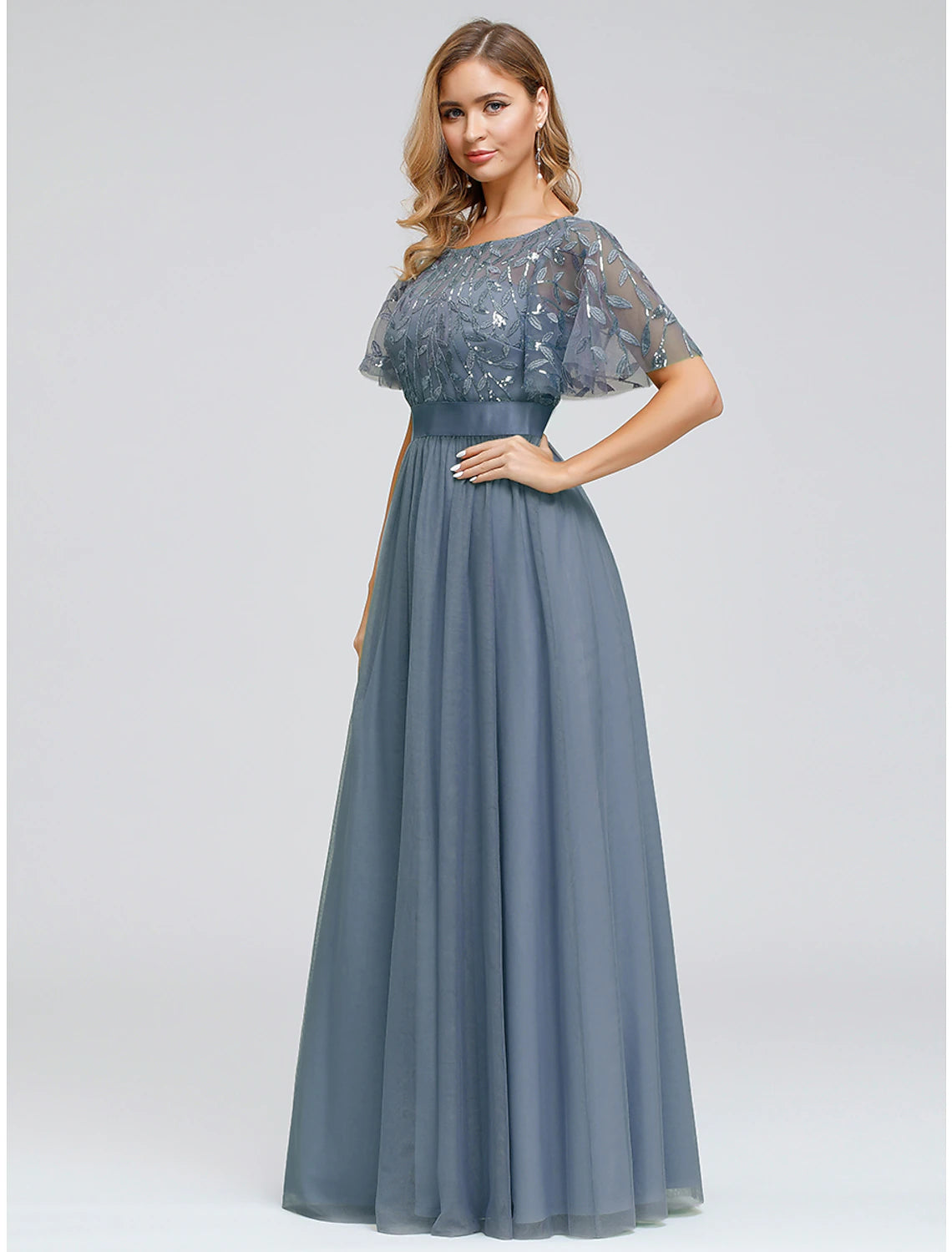 Short Sleeve Pure Color Mesh Print Spring Summer Prom Dress Party  ﻿