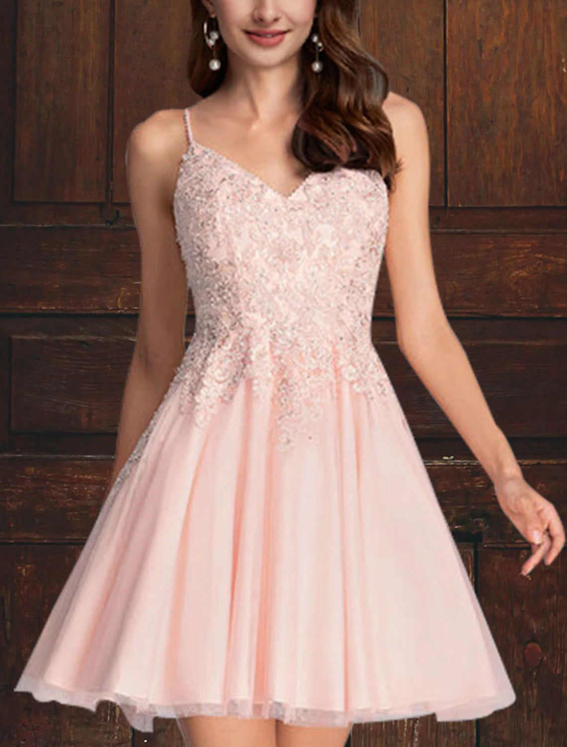 A-Line Cocktail Dresses Empire Dress Homecoming Graduation Short / Mini Sleeveless V Neck Pink Dress Tulle with Tiered