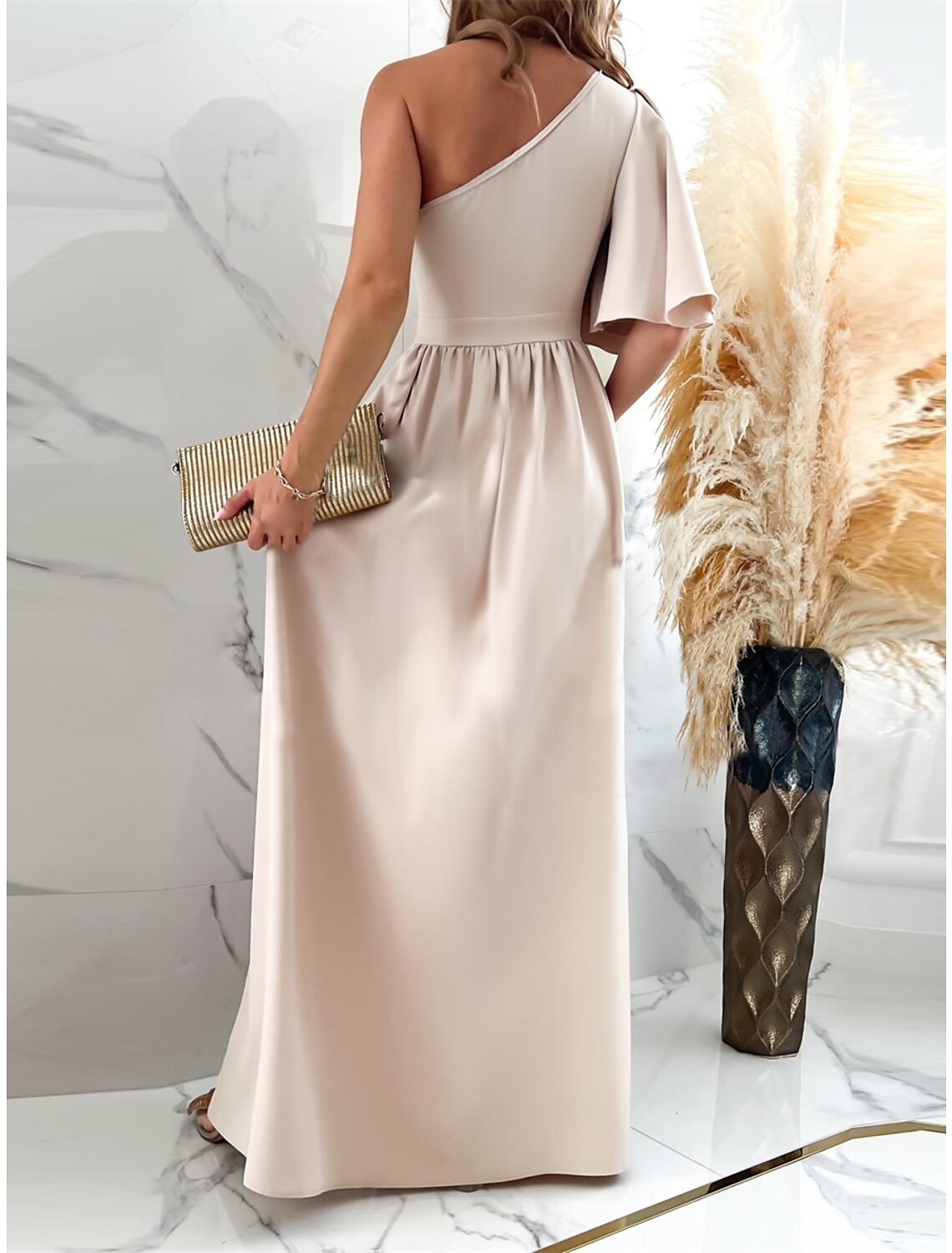 Women's Red Christmas Party Dress Prom Dress Satin Dress New Year's Eve Dress Long Dress Black Red Fuchsia Short Sleeve Ruffle One Shoulder Birthday