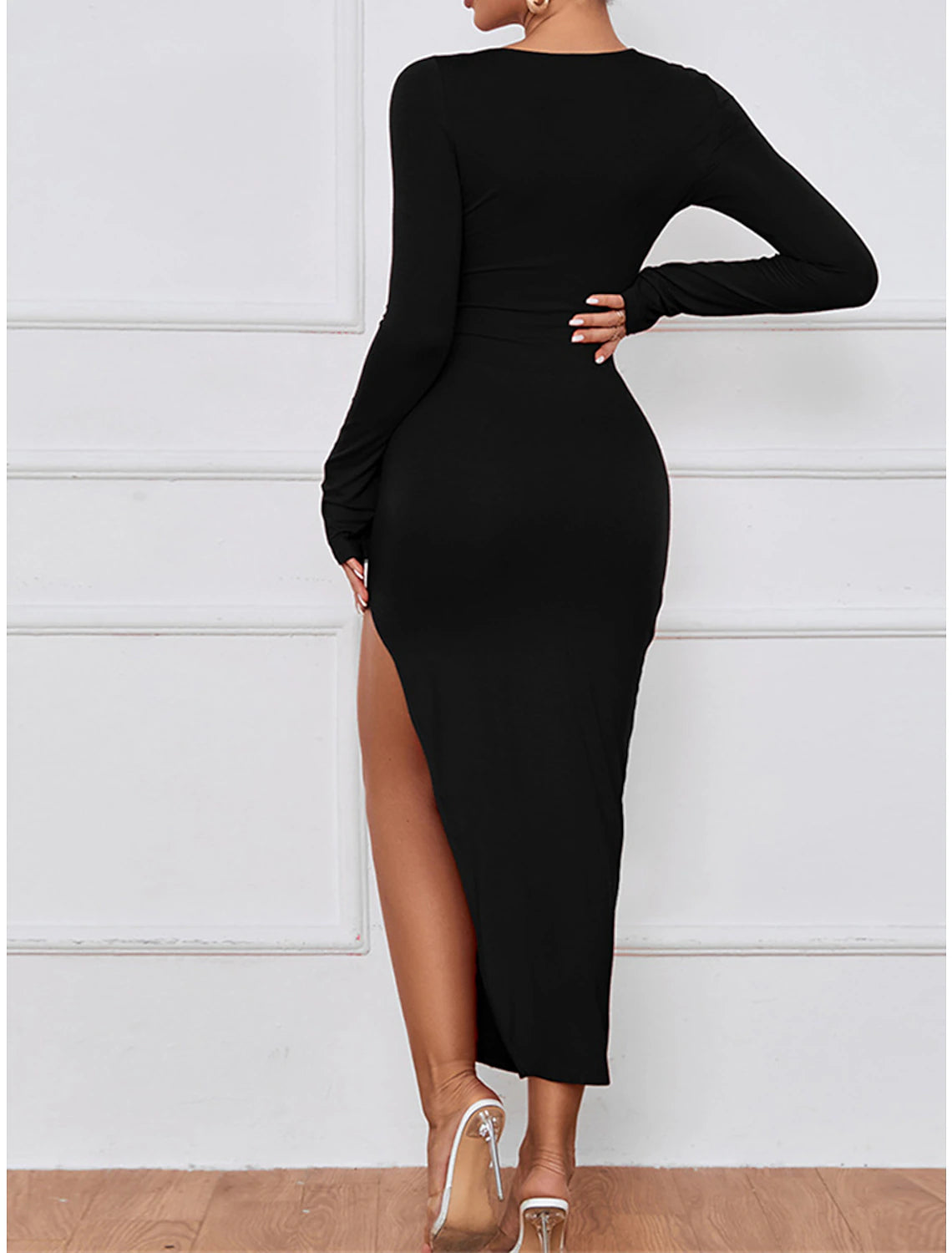 Women's Black Dress Prom Dress Party Dress Midi Dress Black Red Long Sleeve Plain Split Summer Spring Fall V Neck Party Winter Dress Wedding Guest Birthday