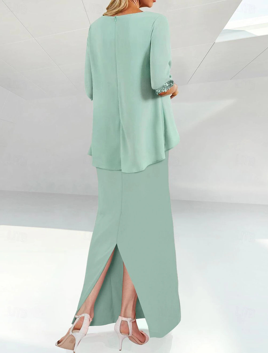 Buyishang Sheath / Column Mother of the Bride Dress Elegant Jewel Neck Floor Length Chiffon Half Sleeve with Sequin Ruching free custom size