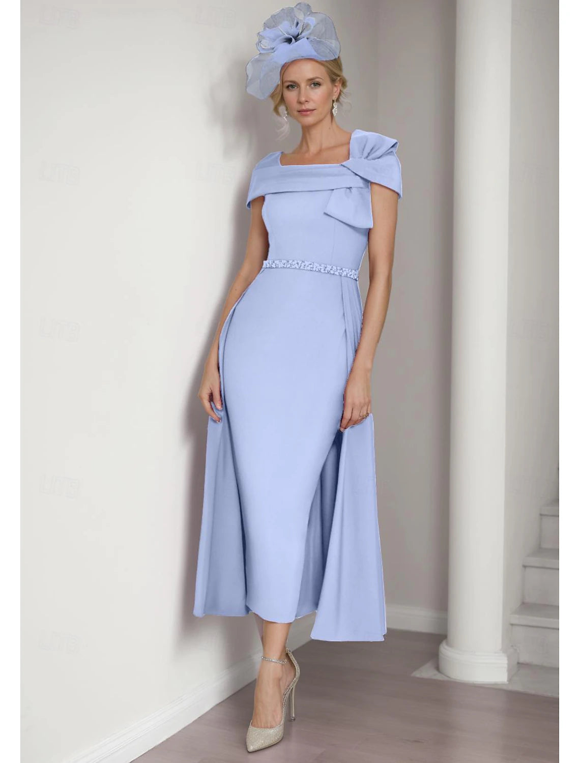 Buyishang Sheath Mother of the Bride Dress Elegant Square Neck Tea Length Stretch Fabric Short Sleeve with Bow(s) Tier Solid Color free custom size