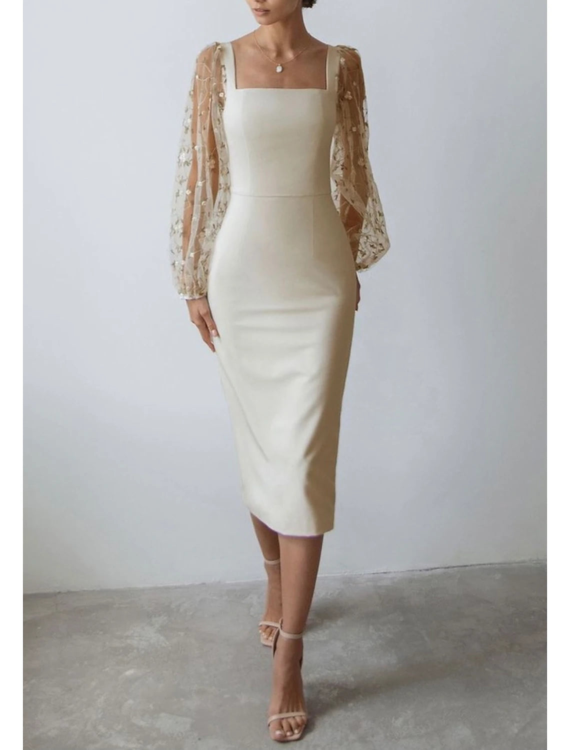 Women's Semi Formal Party Dress Sheath Dress Midi Dress Black White Long Sleeve Floral Mesh Fall Spring Square Neck Winter Dress Wedding Guest Mesh