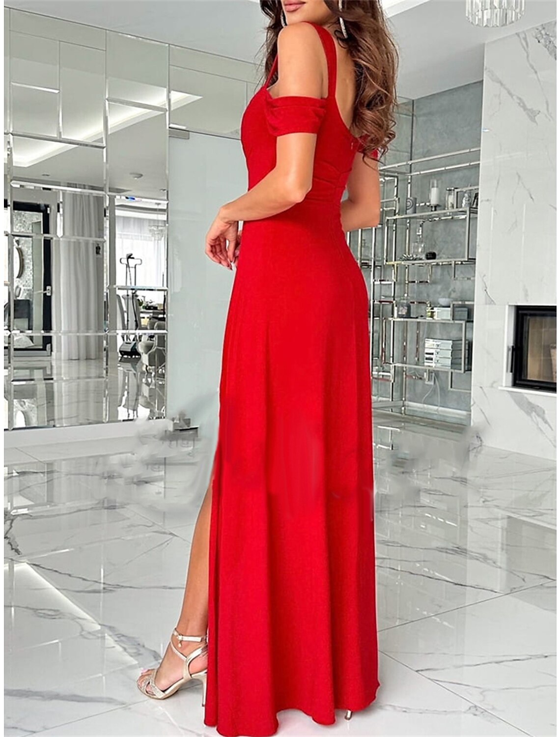 Women's Prom Dress Party Dress New Year's Eve Dress Bodycon Long Dress Maxi Dress Red Sleeveless Mesh Spring Fall Winter Square Neck Christmas Wedding Guest Birthday