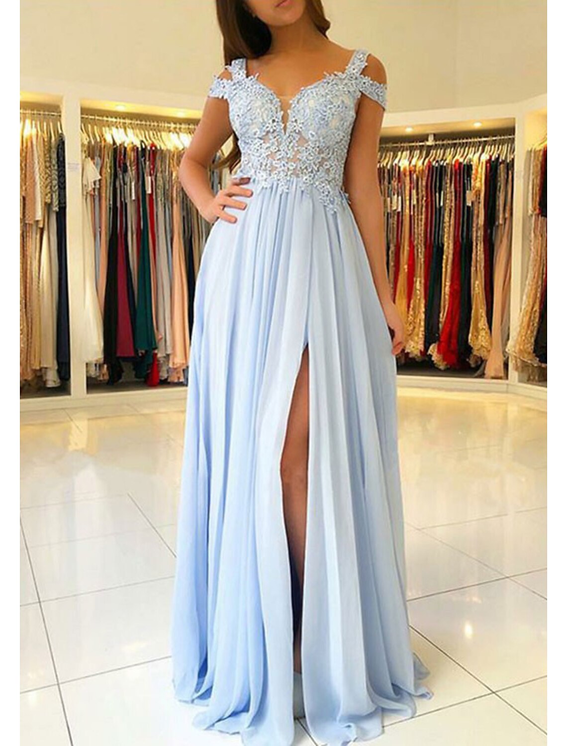 A-Line Empire Prom Formal Evening Dress V Neck Short Sleeve Floor Length Chiffon with Appliques Split Front
