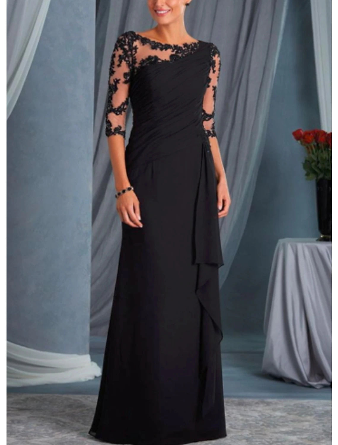 A-Line Mother of the Bride Dress Wedding Guest Long Dresses Elegant Formal Plus Size Half Sleeve Scoop Neck Chiffon Lace Floor Length with Draping Appliques