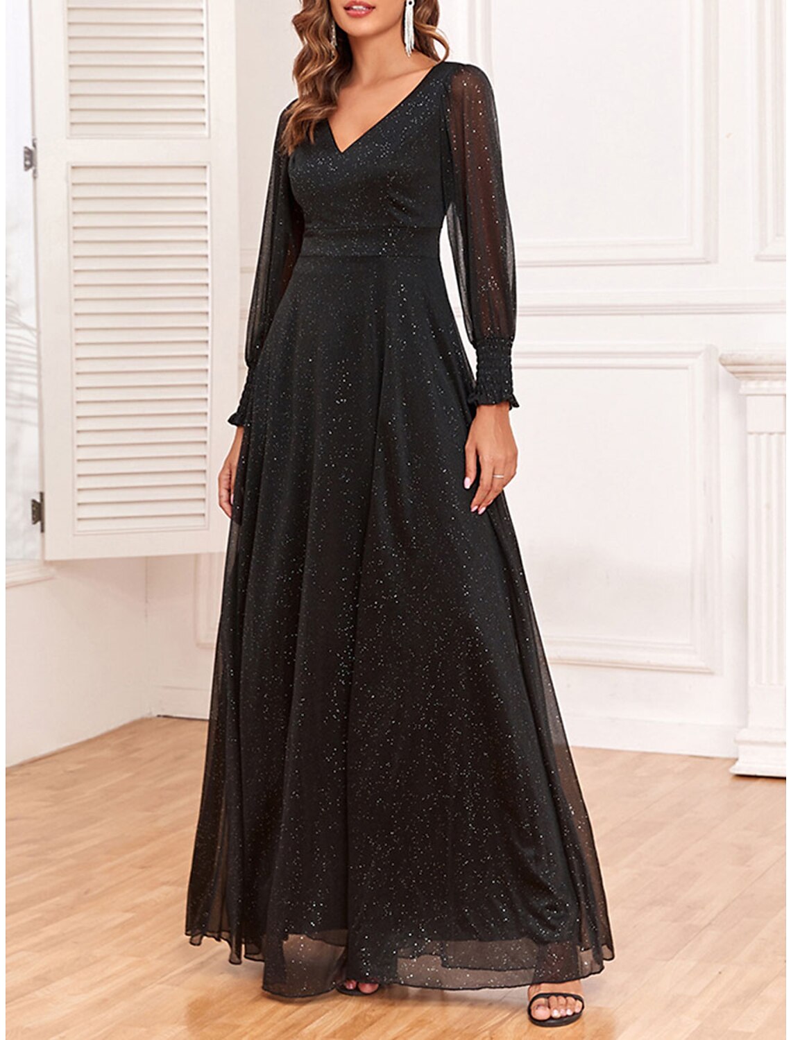 Women's Black Dress Prom Dress Party Dress Long Dress Maxi Dress Black Long Sleeve Dot Sparkly Spring Fall Winter V Neck Fashion Winter Dress Wedding Guest Evening Party