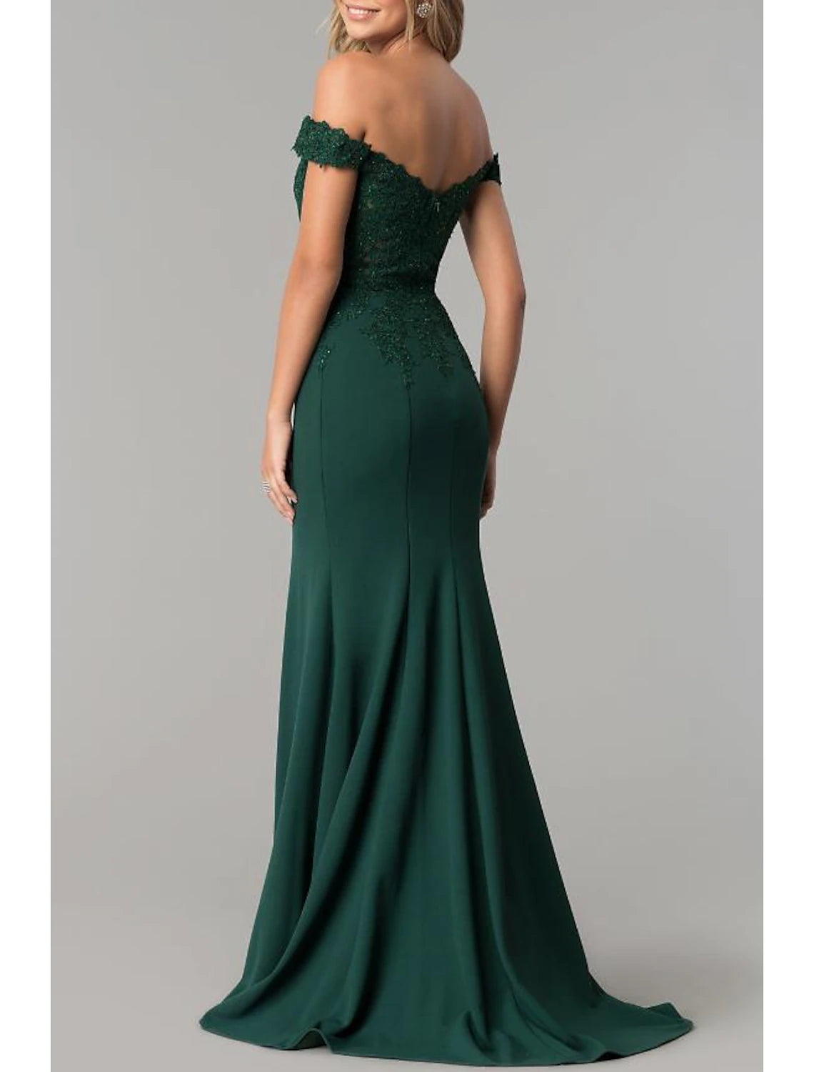 Mermaid / Trumpet Prom Dresses Elegant Dress Wedding Guest Prom Sweep / Brush Train Short Sleeve Off Shoulder Stretch Satin with Appliques