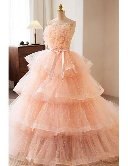 Princess Pink Tulle Ruffle Ballgown Prom Dress with Feathers