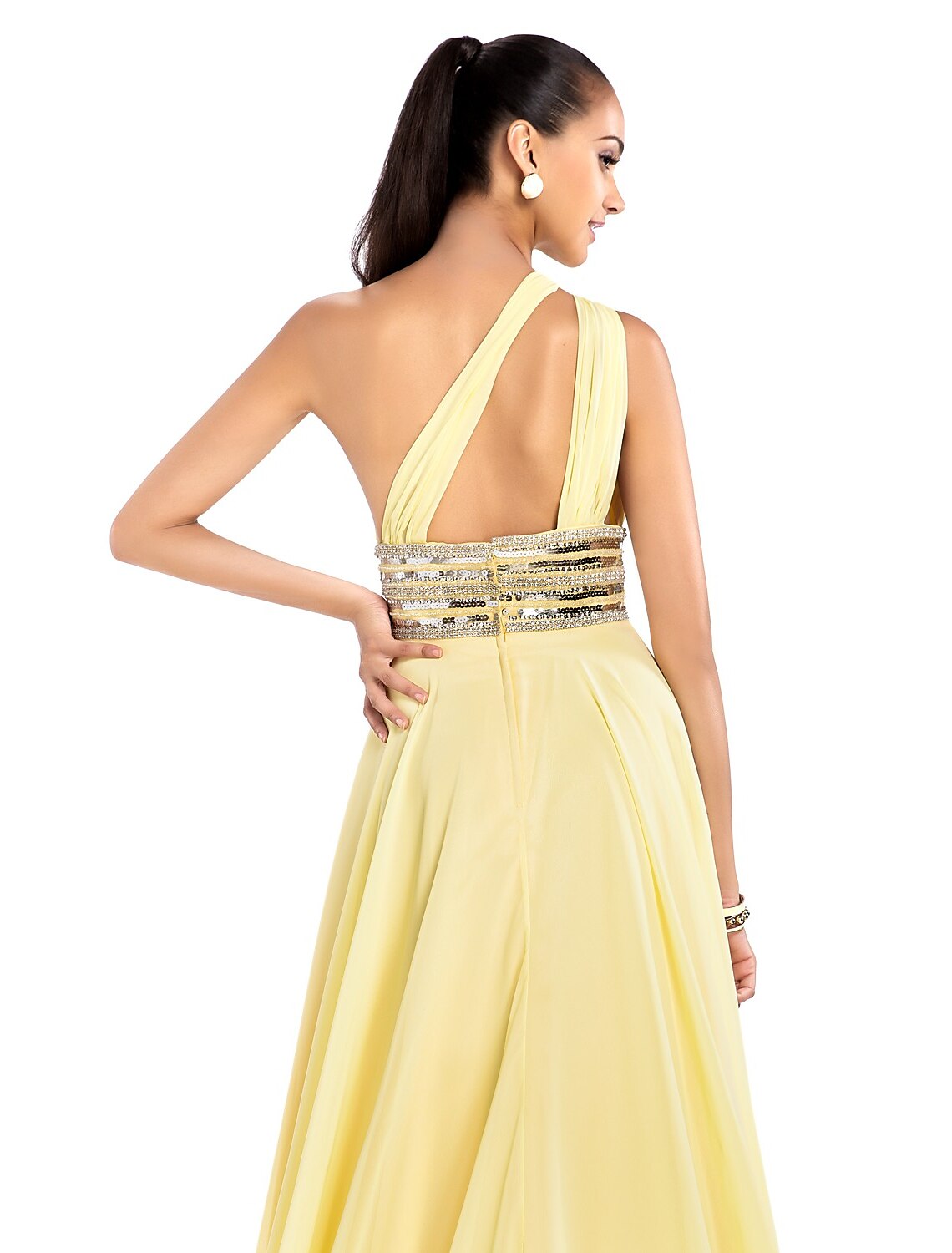 Sheath / Column One Shoulder Court Train Chiffon Open Back Prom / Formal Evening Dress with Beading / Draping / Side Draping
