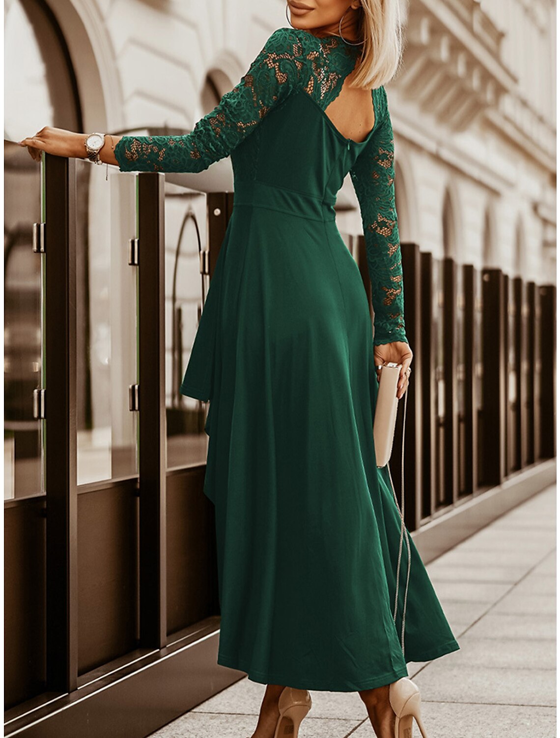 Women's Prom Dress Party Dress Lace Dress Long Dress Maxi Dress Black Wine Green Long Sleeve Pure Color Lace Fall Winter Autumn V Neck Fashion Winter Dress Wedding Guest Birthday