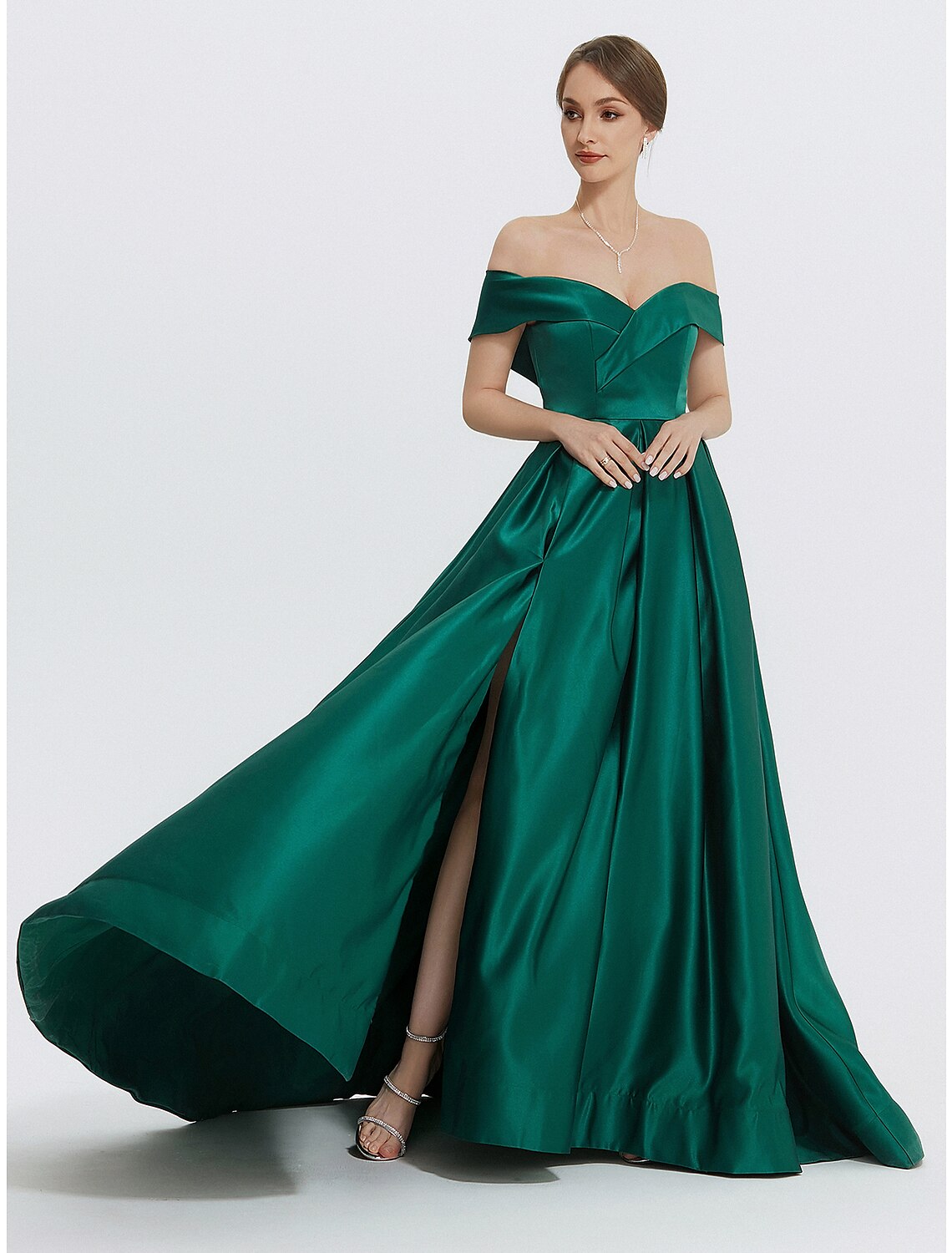 A-Line Evening Gown Elegant Dress Formal Prom Floor Length Sleeveless Sweetheart Satin with Slit