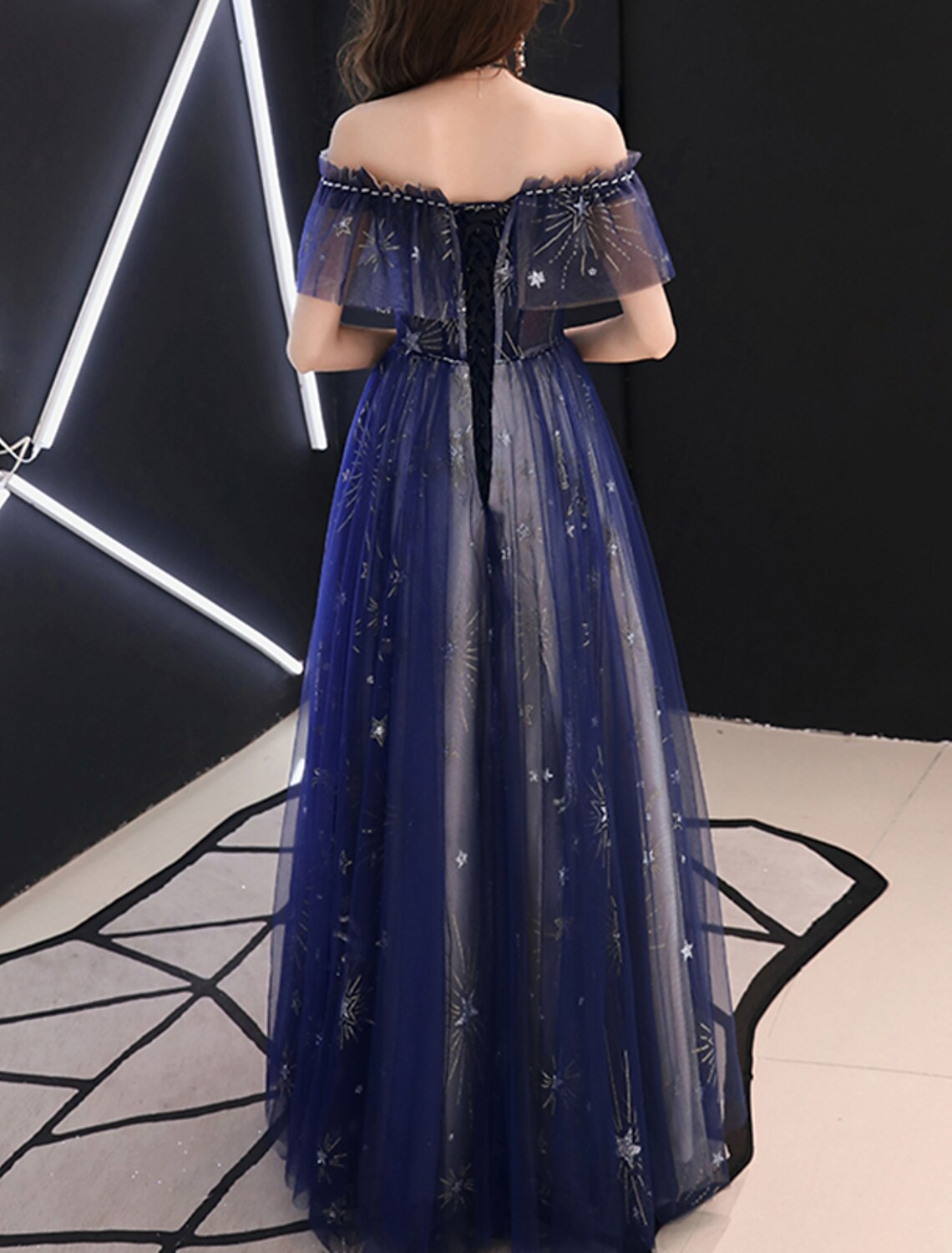 A-Line Sparkle Prom Formal Evening Dress Off Shoulder Short Sleeve Floor Length Tulle with Beading Pattern