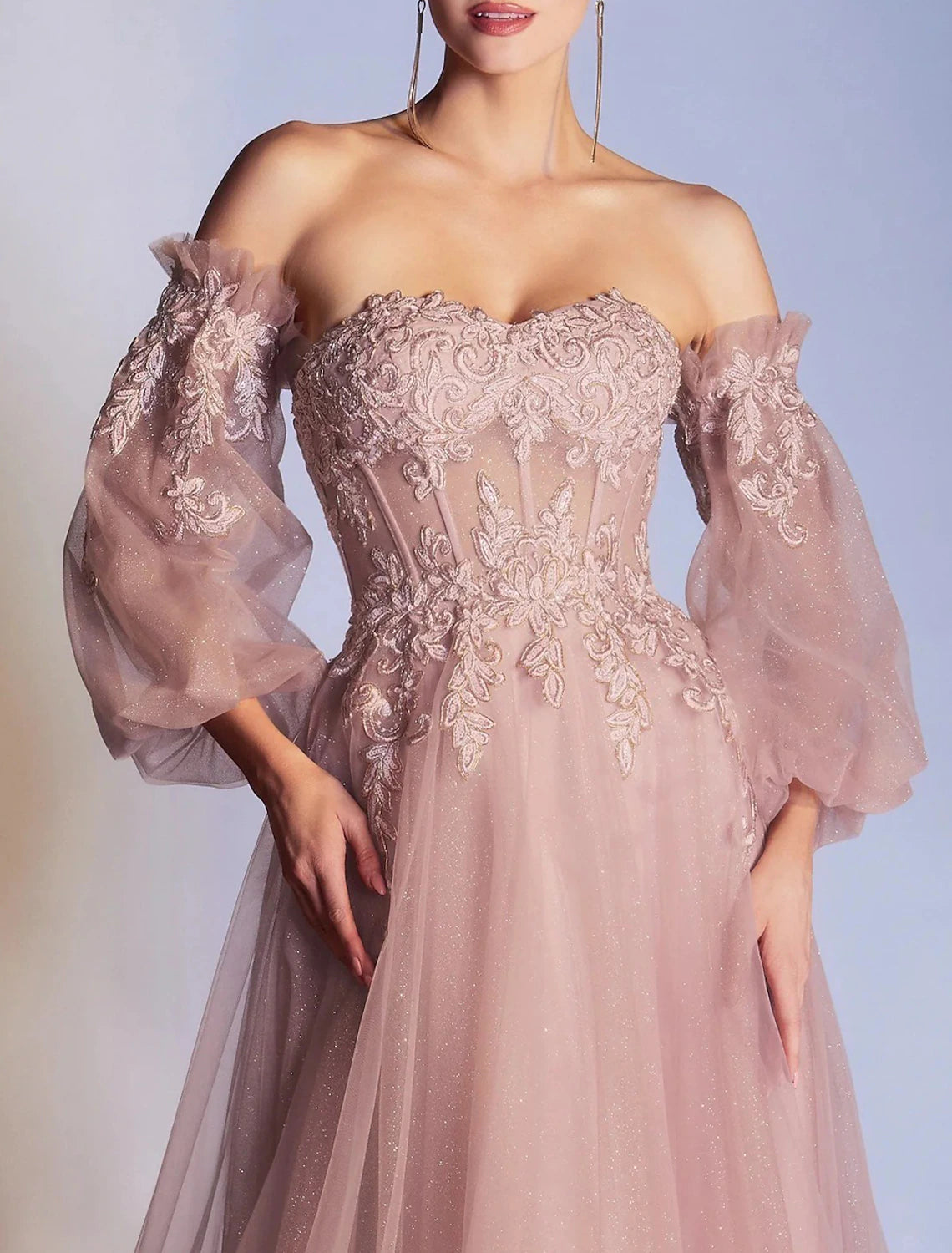 A-Line Prom Dresses Elegant Dress Formal Prom Floor 3/4 Length Sleeve Off Shoulder Lace Backless with Appliques