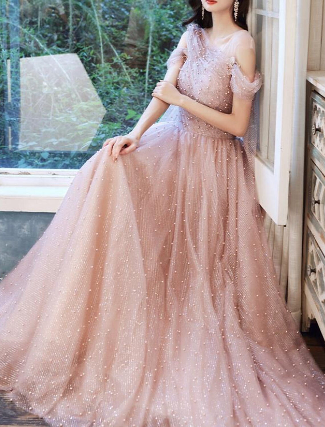 A-Line Prom Dresses Glittering Dress Wedding Guest Engagement Floor Length Sleeveless Illusion Neck Tulle with Pleats Beading