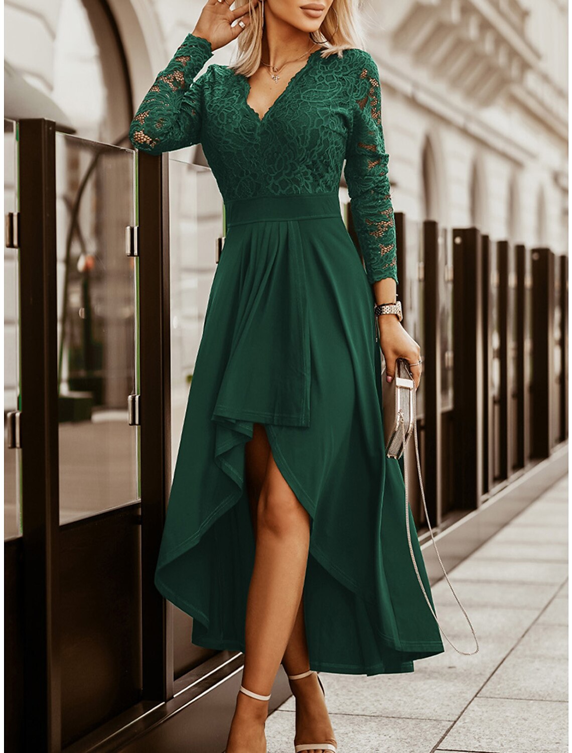 Women's Prom Dress Party Dress Lace Dress Long Dress Maxi Dress Black Wine Green Long Sleeve Pure Color Lace Fall Winter Autumn V Neck Fashion Winter Dress Wedding Guest Birthday