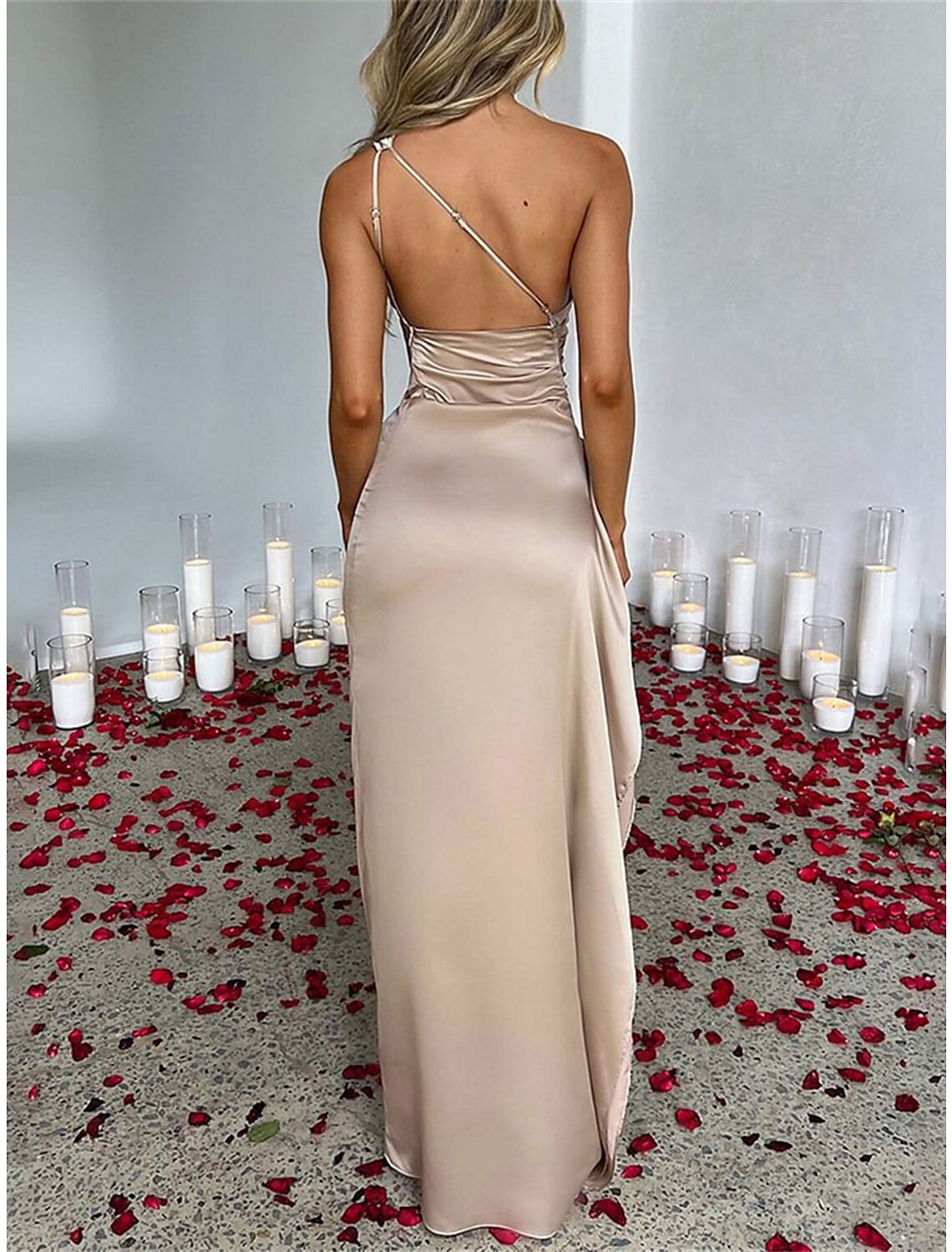Women's Christmas Prom Dress Party Dress New Year's Eve Dress Wedding Guest Dress Long Dress Maxi Dress Champagne Red Green Sleeveless Ruched Summer Spring Fall One Shoulder