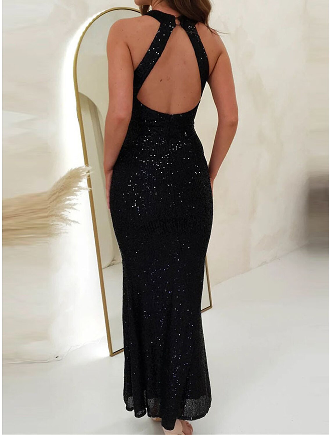 Women's Sequin Dress Prom Dress Party Dress Long Dress Maxi Dress Black Pink Red Sleeveless Plain Sequins Summer Spring Fall Halter Neck Elegant Wedding Guest Birthday Evening Party