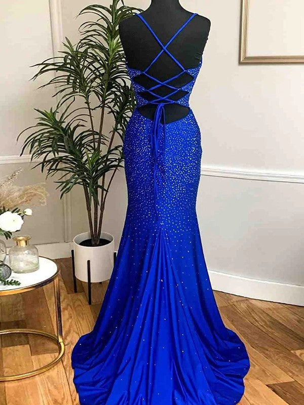 A-Line/Princess Silk like Satin Beading Spaghetti Straps Sleeveless Sweep/Brush Train Dresses