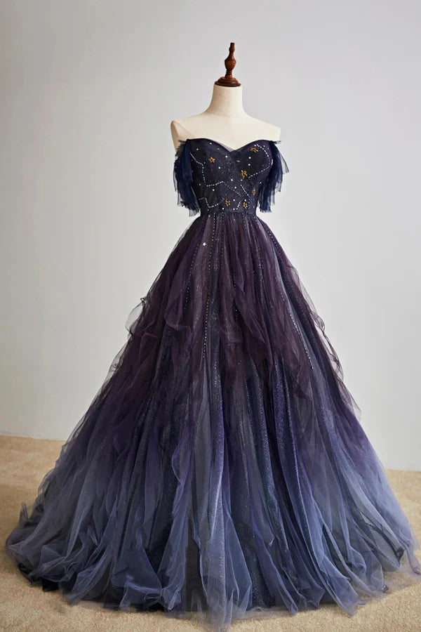 Purple Gradient Tulle Long Prom Dress Beautiful A-Line Evening Party Dress with Beaded