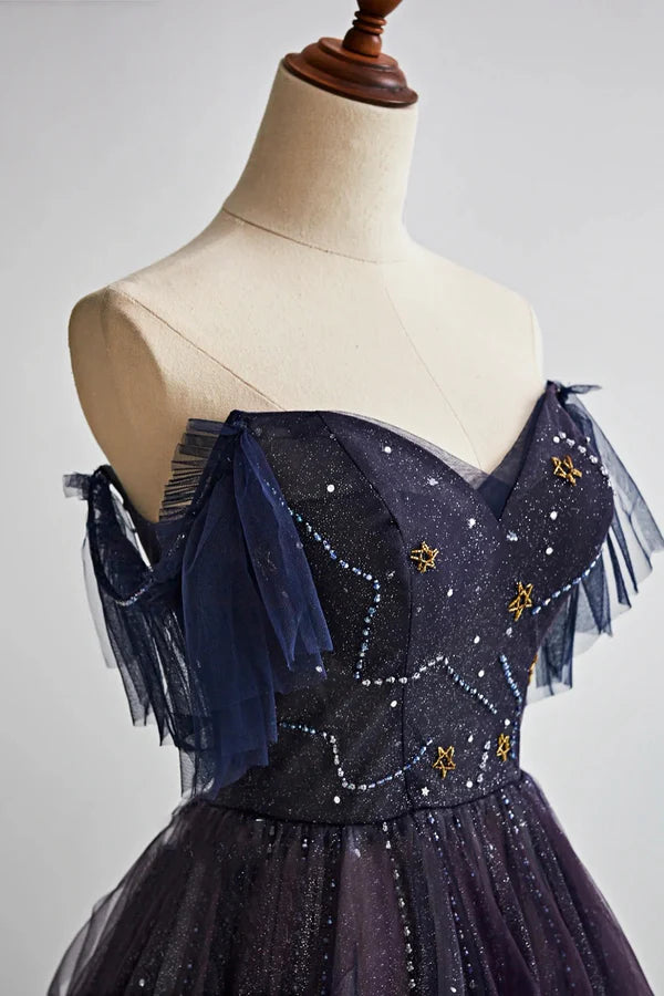 Purple Gradient Tulle Long Prom Dress Beautiful A-Line Evening Party Dress with Beaded