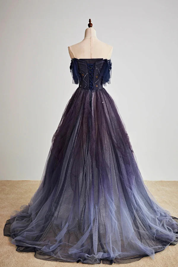 Purple Gradient Tulle Long Prom Dress Beautiful A-Line Evening Party Dress with Beaded