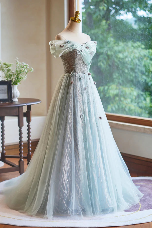 Lovely Tulle Floor Length Green Party Dress Off the Shoulder A-Line Evening Dress