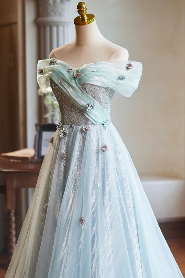 Lovely Tulle Floor Length Green Party Dress Off the Shoulder A-Line Evening Dress
