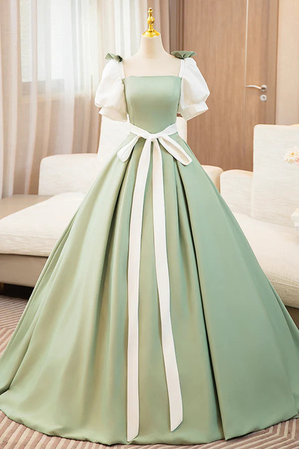 White and Green Long Prom Dress Lovely A-Line Short Sleeve Evening Party Dress