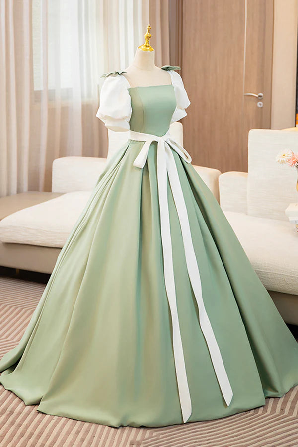 White and Green Long Prom Dress Lovely A-Line Short Sleeve Evening Party Dress