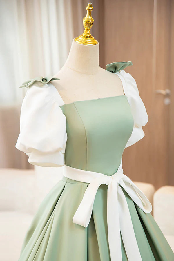 White and Green Long Prom Dress Lovely A-Line Short Sleeve Evening Party Dress