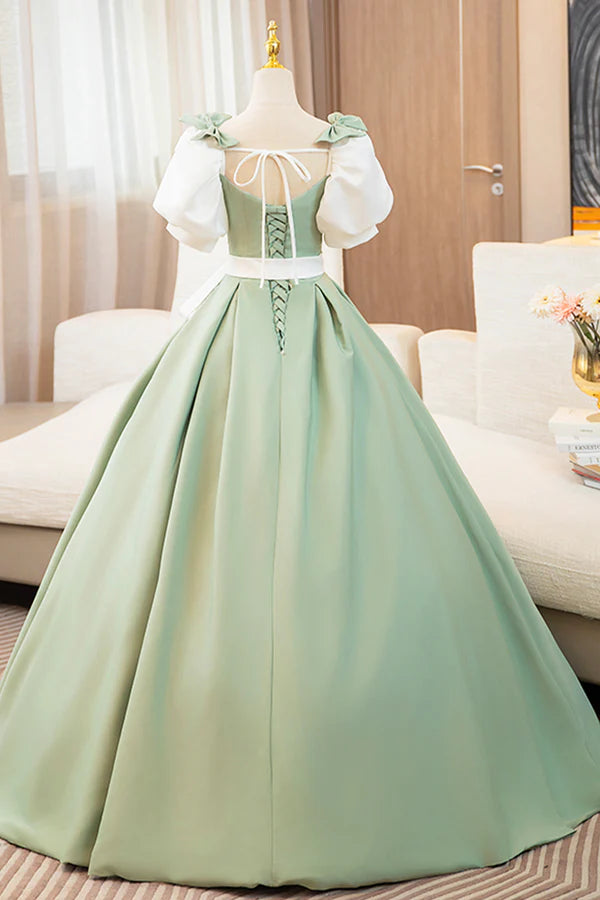White and Green Long Prom Dress Lovely A-Line Short Sleeve Evening Party Dress