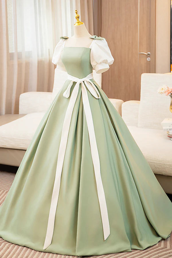 White and Green Long Prom Dress Lovely A-Line Short Sleeve Evening Party Dress