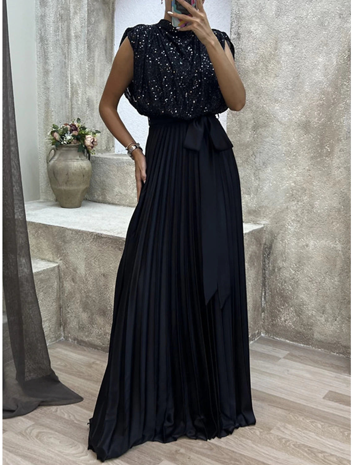 Women's Black Sequin Dress Little Black Dress Prom Dress Party Dress Sparkly Dress Long Dress Maxi Dress Black Sleeveless Spring Fall Winter Crew Neck Evening