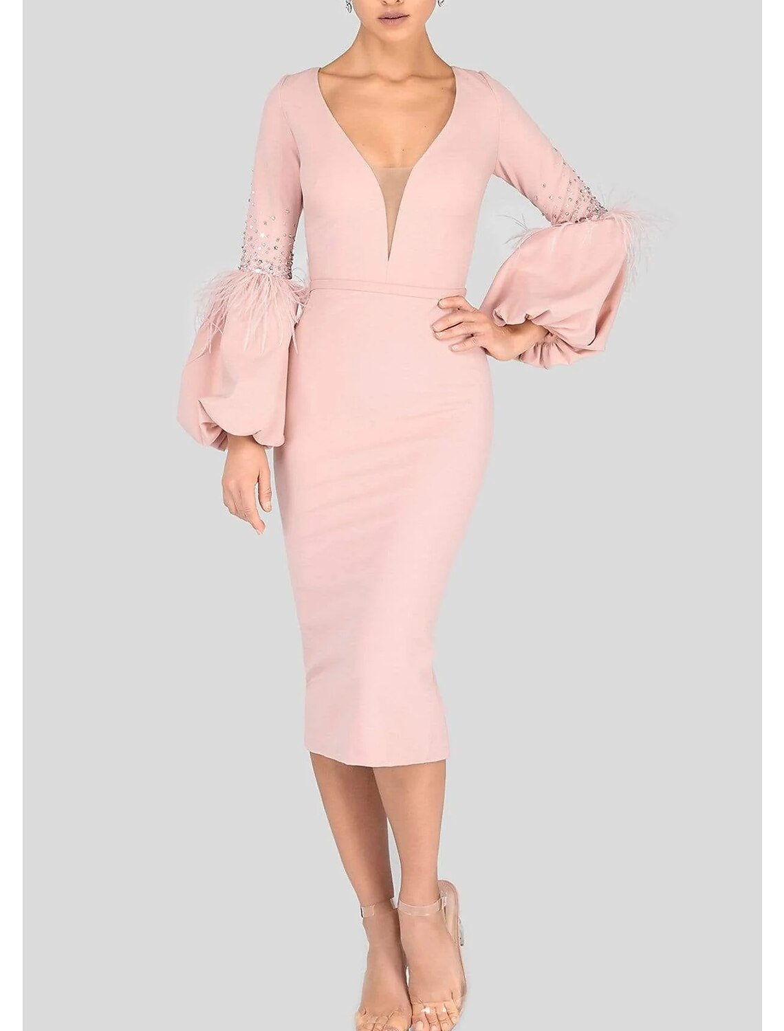 Sheath / Column Pink Evening Gown Elegant Dress Formal Black Dress Tea Length 3/4 Length Sleeve Square Neck Stretch Fabric with Feather