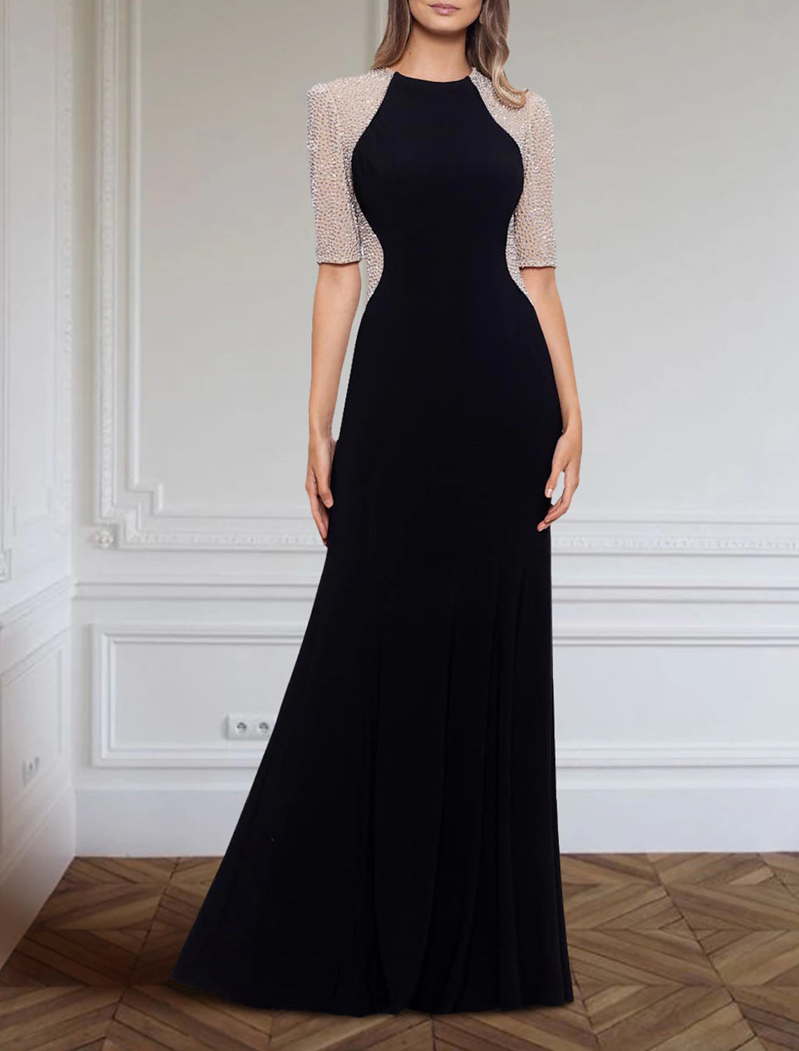 Sheath / Column Evening Gown Elegant Dress Formal Floor Length Half Sleeve Jewel Neck Sequined with Glitter Sequin