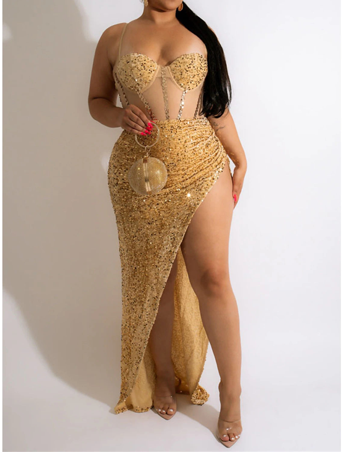 Women's Sequin Dress Prom Dress Party Dress Long Dress Maxi Dress Black Gold Sleeveless Pure Color Sequins Spring Fall Winter Spaghetti Strap Fashion Wedding Guest Birthday Evening Party