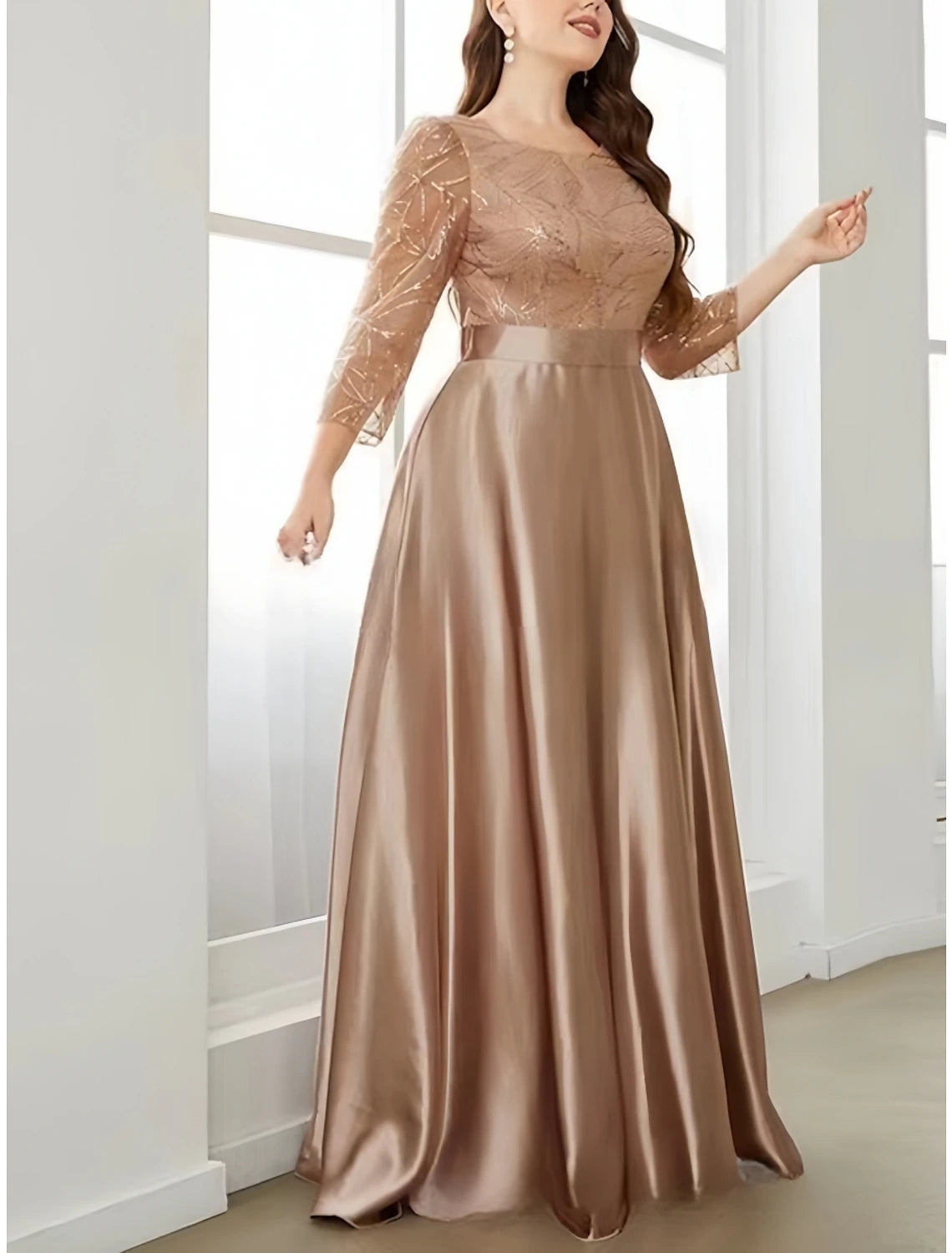 A-Line Plus Size Curve Mother of the Bride Dress Wedding Guest Plus Size Sparkle & Shine Scoop Neck Sweep / Brush Train Satin 3/4 Length Sleeve with Pleats Sequin