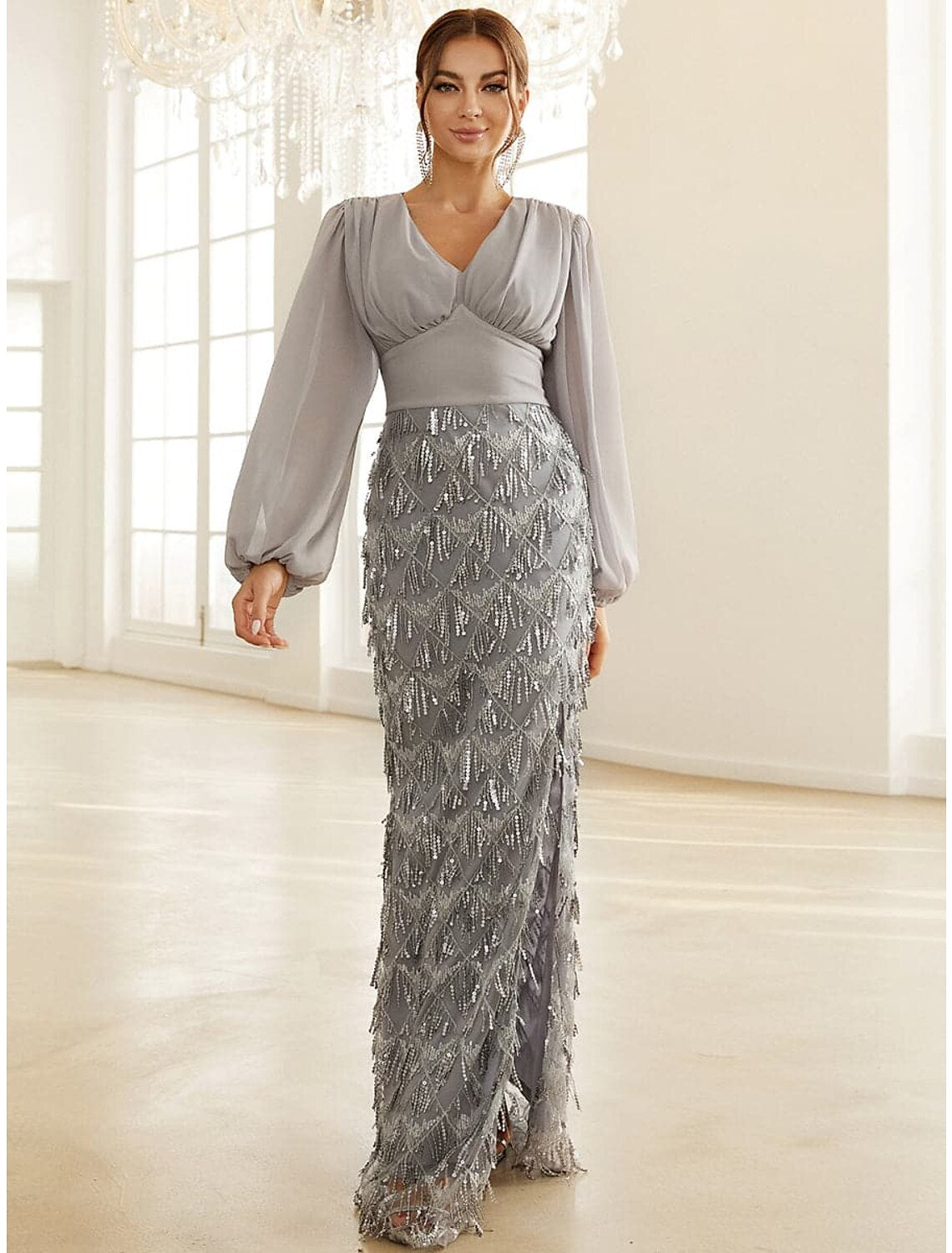 A-Line Evening Gown Elegant Dress Formal Floor Length Long Sleeve V Neck Sequined with Glitter Ruched Slit